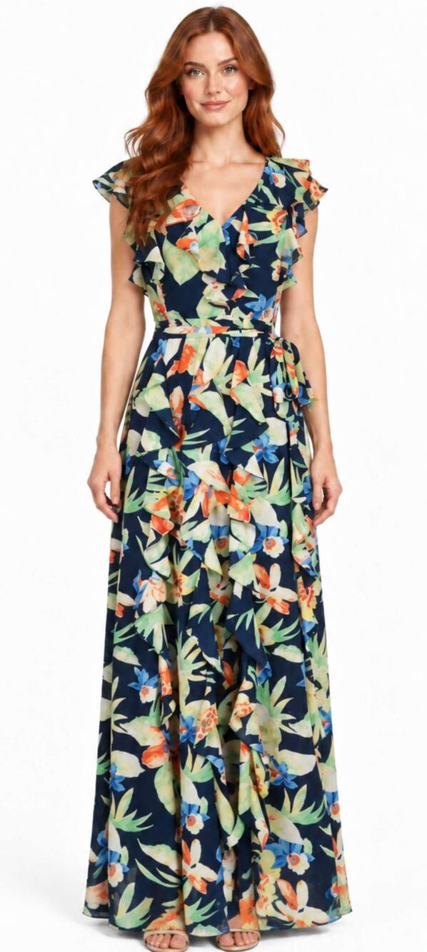 NEW RALPH LAUREN Maxi Dress 2 Navy Floral Ruffle Tie Belt Formal Guest Garden
